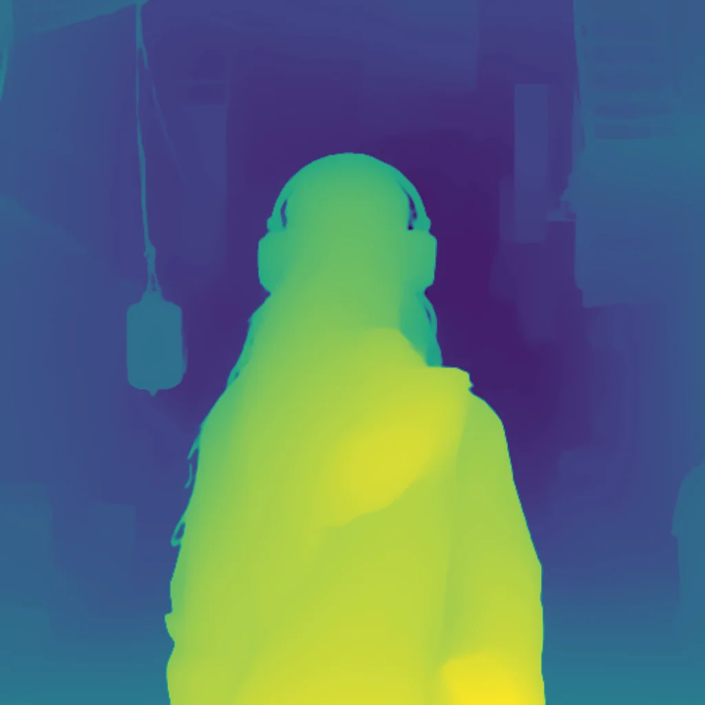 A z-depth map read out of a flat photo — near surfaces light, far surfaces dark
