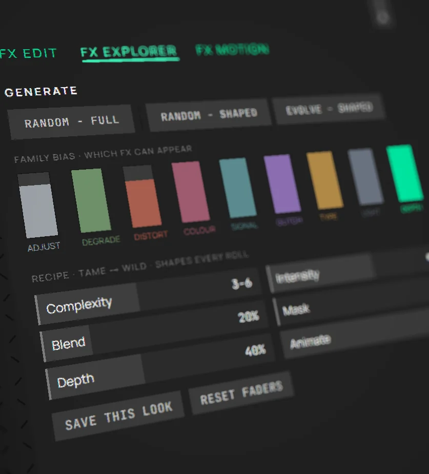 An image reworked by stacked effects — every parameter set by hand, no prompt