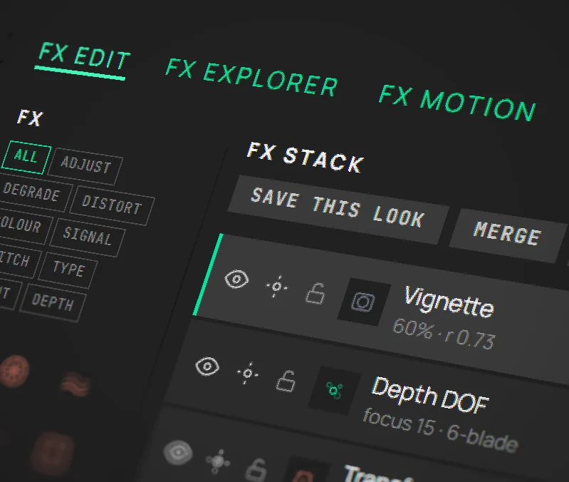The V3KTR workspace: canvas, effect rail, stack and parameters in one window