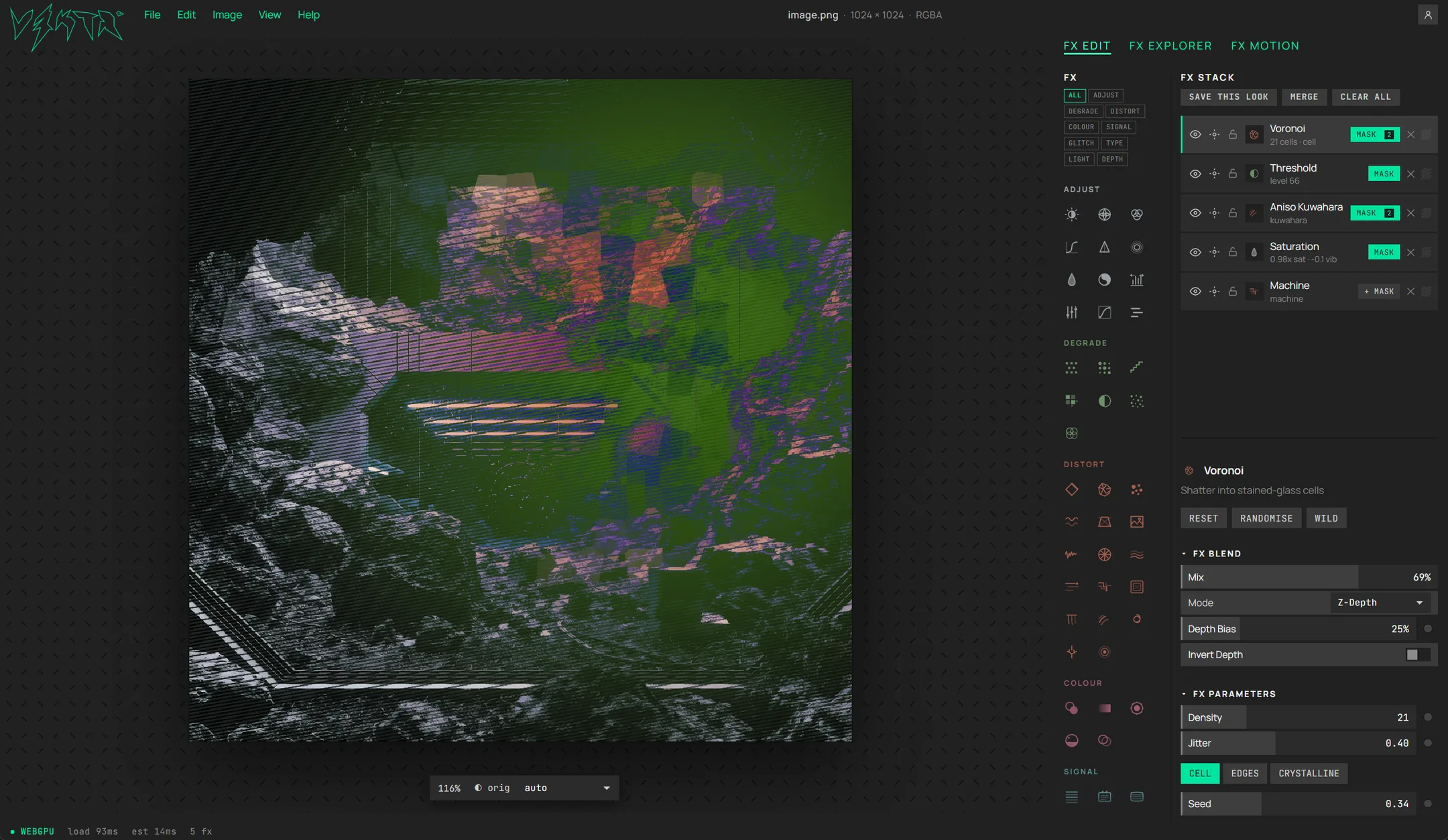 The V3KTR FX Edit workspace: canvas, effect rail, a five-layer FX stack and the Voronoi parameters panel.