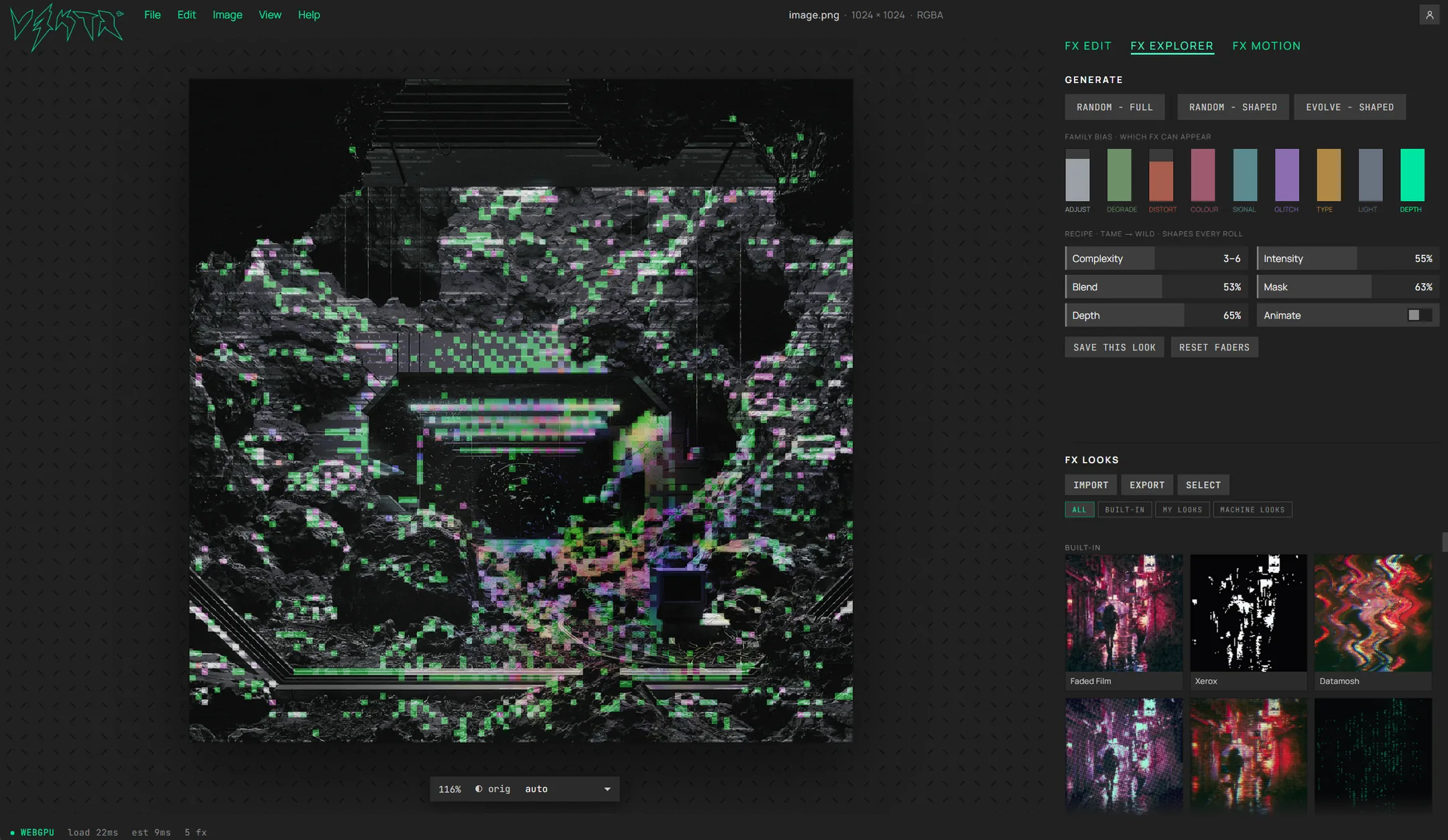 The FX Explorer workspace, showing the generate buttons, family bias swatches, recipe faders and the FX Looks gallery.