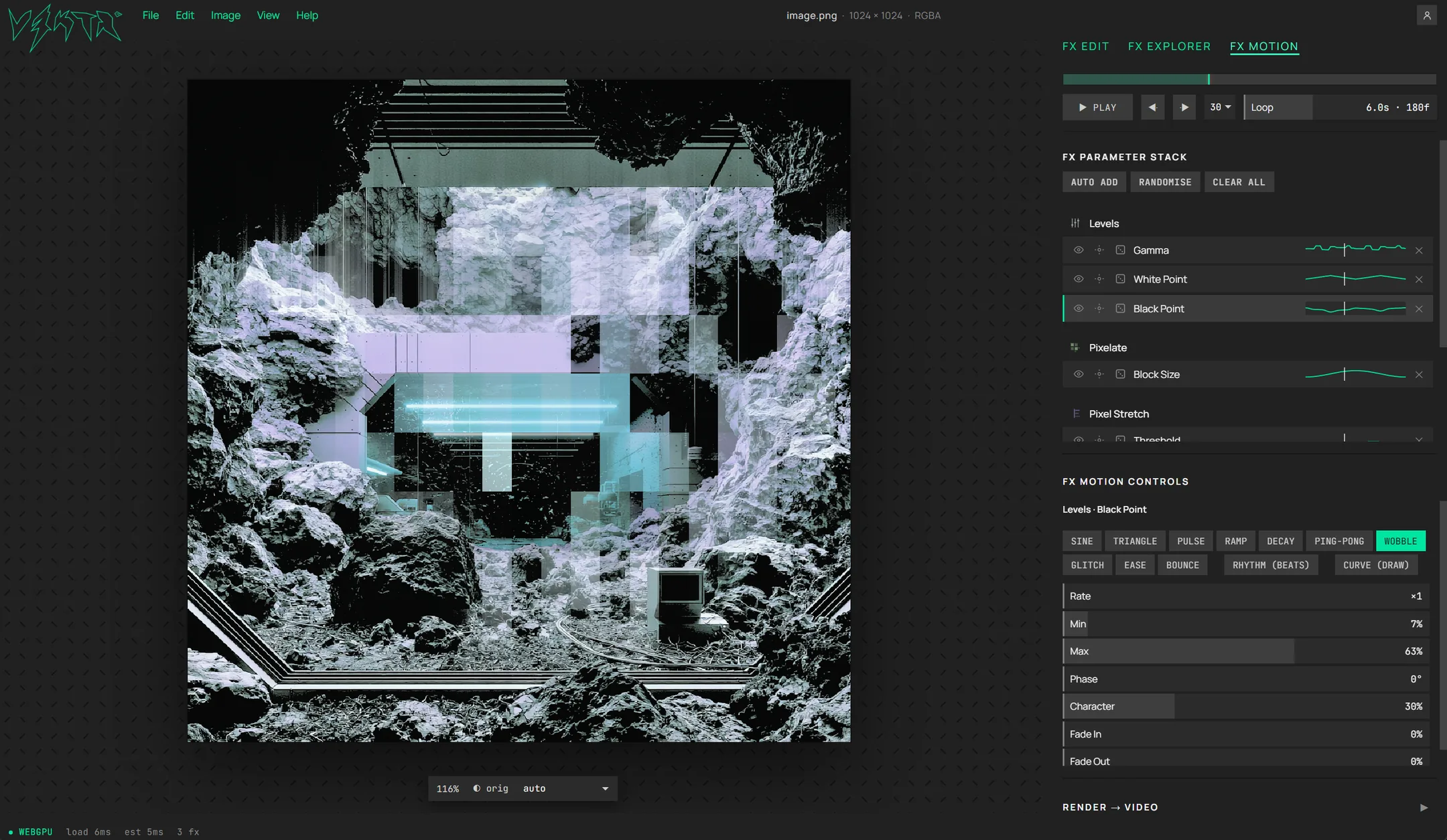 The FX Motion workspace, showing the loop transport, armed parameter channels with curves, the motion shape buttons and the Render to Video control.