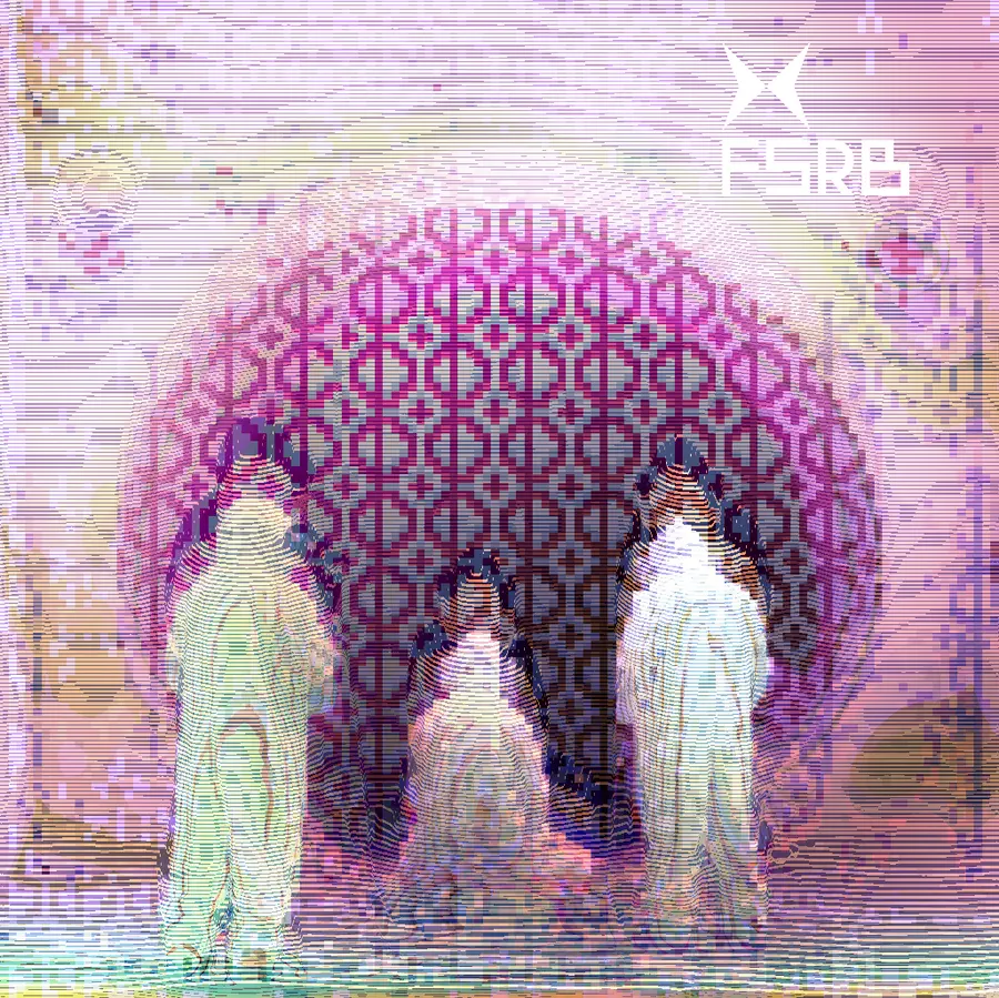 Cover three - three suited figures at the opening, broken into a pink repeating pattern