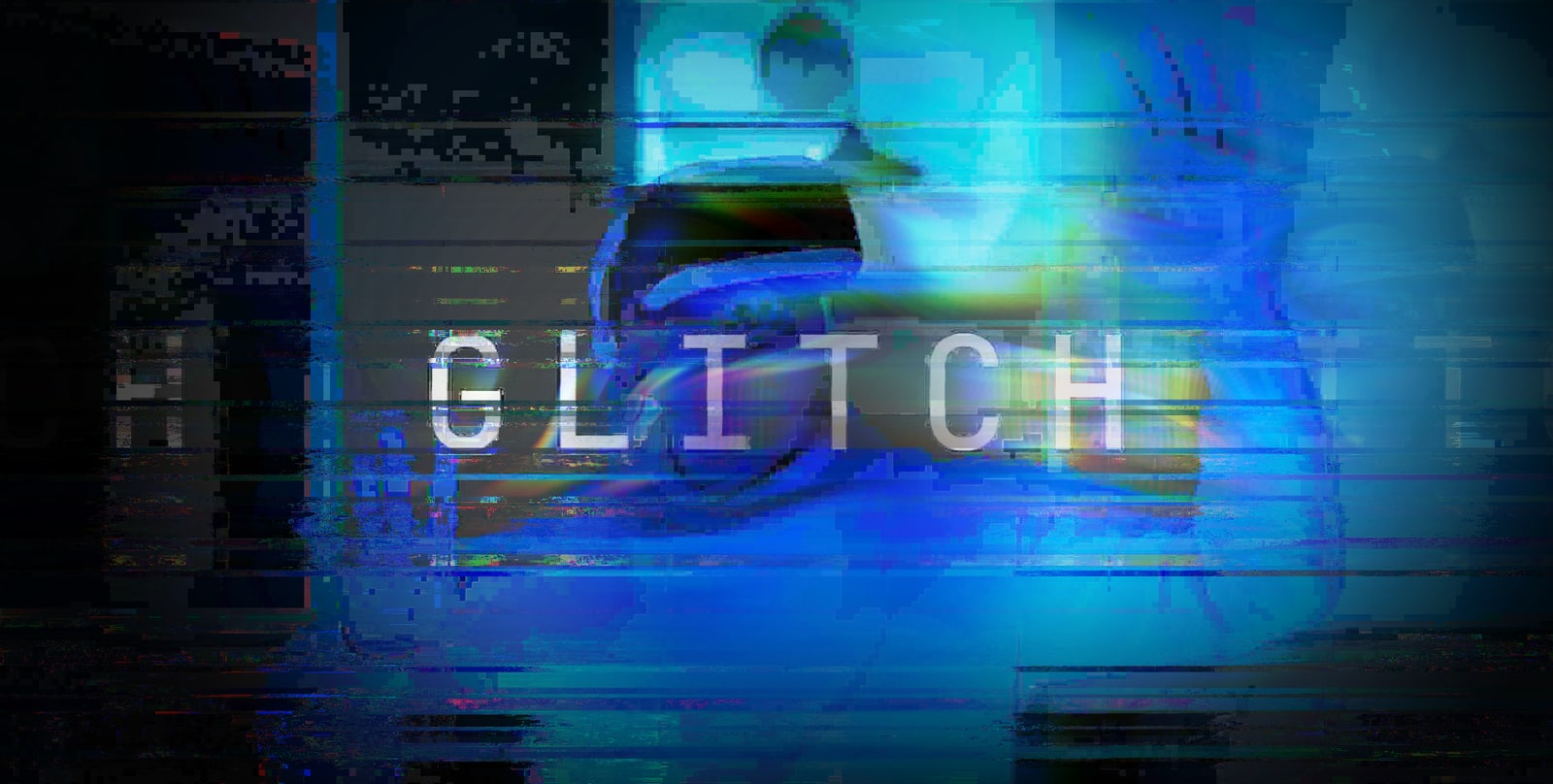 A photo of a person in a VR headset broken apart by V3KTR's Glitch family — chromatic RGB fringing, scan tear and datamosh blocks, with the word GLITCH across it