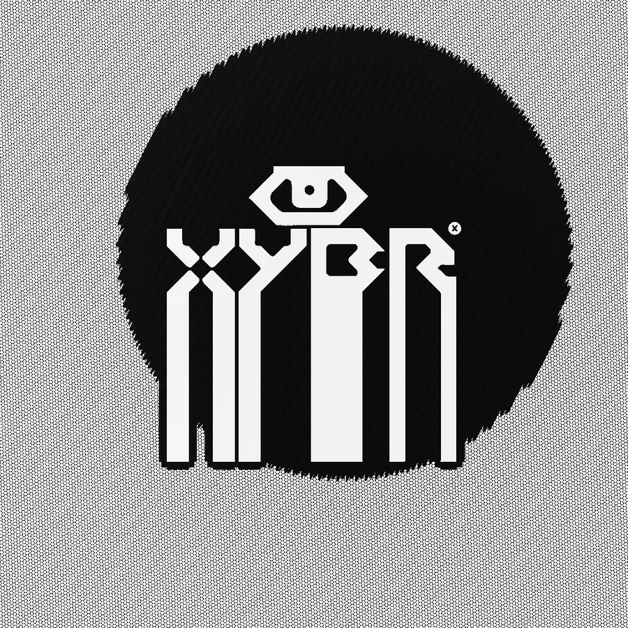 A run that lands on a knocked-out badge over a halftone field