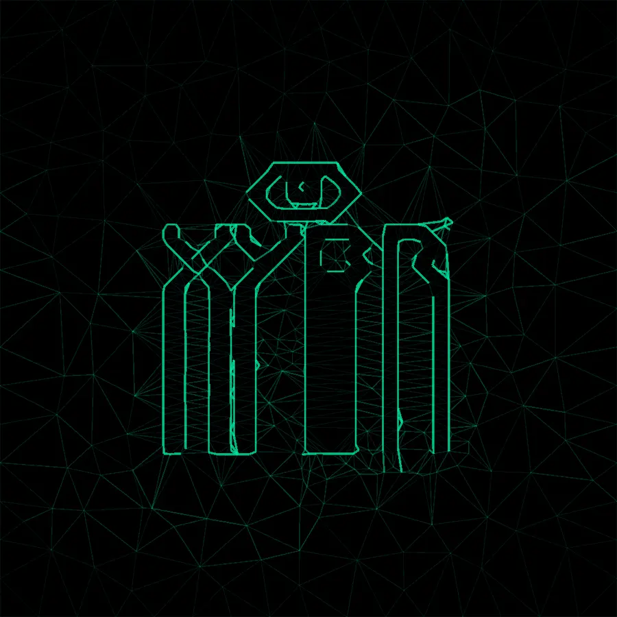 The mark reduced to a green outline on black, sitting over a faint web of lines