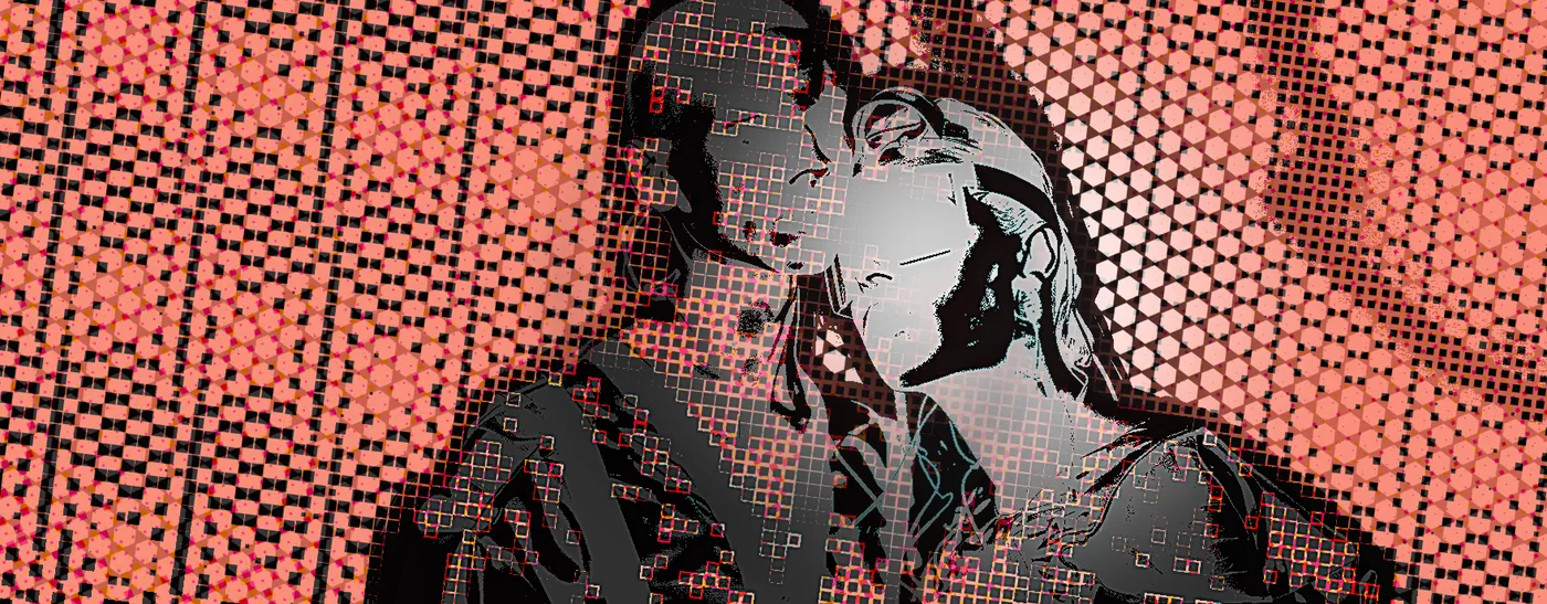The frame rebuilt from CMYK halftone dots, sliced into offset bands with Edges drawn back over it