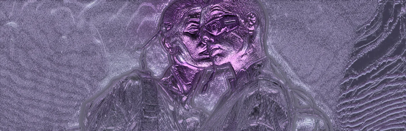 Two passes of Reskin with Glow between them, turning the figures into a carved violet relief